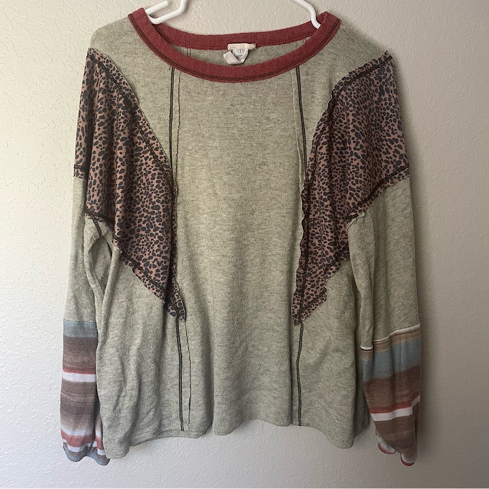 BIBI women’s long sleeve patchwork leopard animal print blouse top, sz L